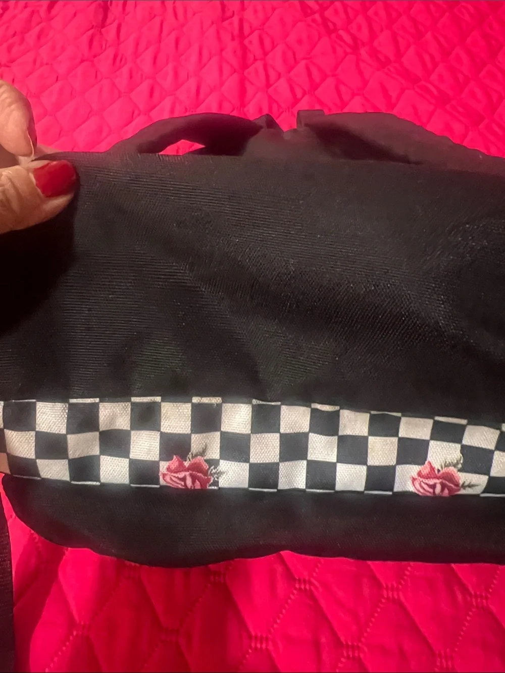 Vans Black Checkerboard Backpack with Red Rose Accents